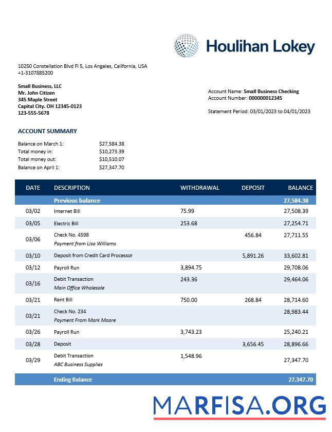 Printable Houlihan Lokey Inc Bank company checking account statement Word and PDF template